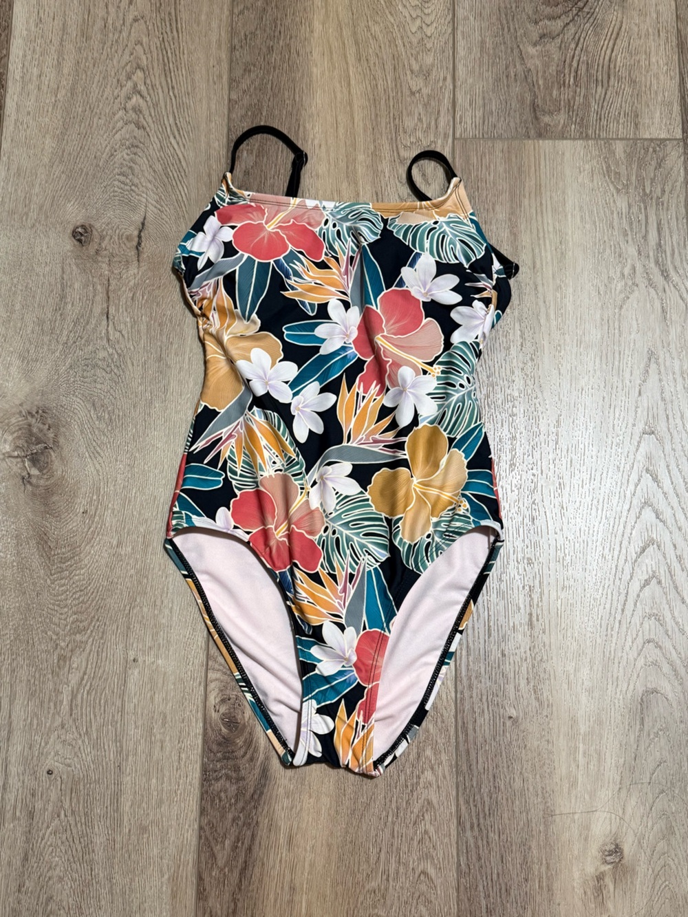 Hurley Black Floral One-Piece Swimsuit with Coral, Mustard and Teal